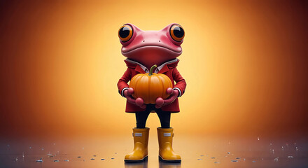 Cute cartoon frog in a red jacket and yellow boots holding a pumpkin