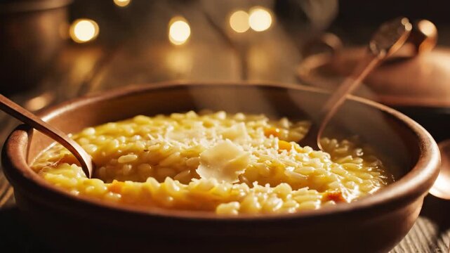 Warm Butternut Squash Risotto with Parmesan - Close-up of a rustic bowl filled with creamy butternut squash risotto, topped with shaved parmesan cheese.