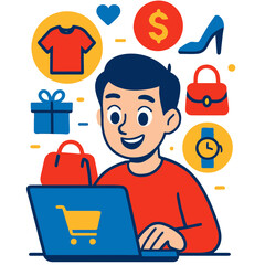 Boy shopping online with multiple purchases during Black Friday sale, vector illustration