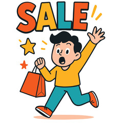 Happy boy running with purchase under colorful “Sale” text, Black Friday vector illustration
