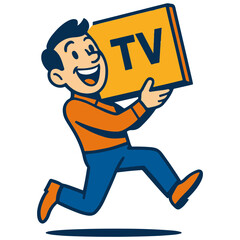 Happy boy carrying TV purchased on Black Friday sale, vector illustration