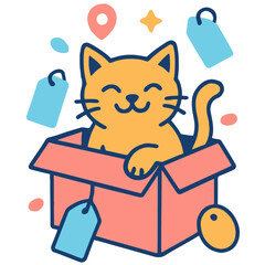 Happy cat peeking out of box surrounded by discount tags, Black Friday vector illustration