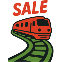 Train passing tracks leaving “Sale” trail behind, Black Friday vector illustration, top view