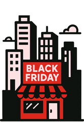 Small shop with stylized Black Friday sign, vector illustration, festive shopping