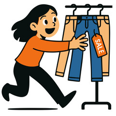 Girl running to store window with jeans discounts, Black Friday shopping vector illustration