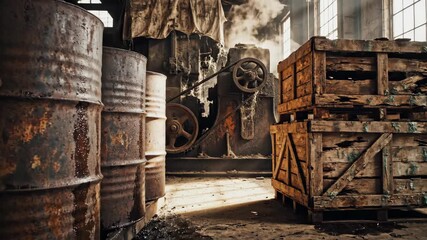 Old Industrial Factory Interior - This video shows the interior of an old, abandoned industrial factory. Rusting barrels are stacked next to wooden crates and large, dusty machinery. - Powered by Adobe