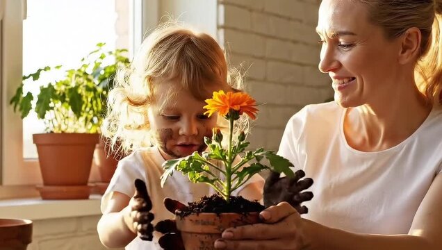 Joyful mother and child planting flower together in sunlit home, creating cherished memories