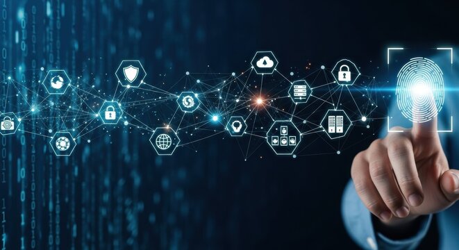 "A hand touches a glowing digital fingerprint scanner, activating a network of cybersecurity and data protection icons connected by white lines on a dark, blue binary code background."