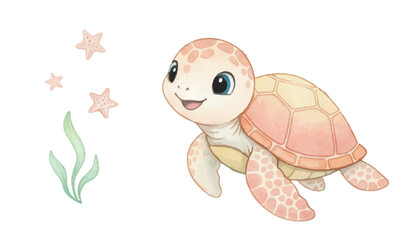A super cute sea turtle with big eyes. This adorable character is perfect for children's books, nursery art, greeting cards, and ocean-themed projects.