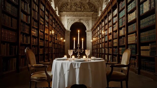Elegant dining table set for two creating a romantic atmosphere, illumined by candlelight, surrounded by towering antique bookshelves and classic architectural details