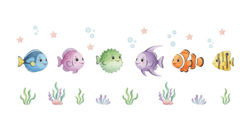 Playful  underwater scene with colorful cartoon fish, starfish, bubbles, and coral. Perfect for kids’ designs, educational materials, and cheerful marine-themed projects.