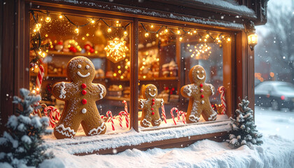 Gingerbread Men in a Festive Christmas Window Display.