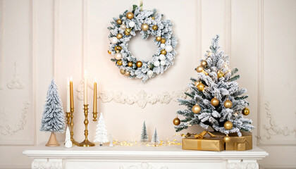 a room with a fireplace in which a fire is burning, the room is decorated with Christmas decor