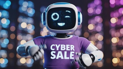 Cyber Sale Robot Approval - A cheerful robot with a screen face wearing a Cyber Sale t-shirt gives a thumbs-up and points forward, indicating approval or promotion. - Powered by Adobe