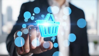 Professional businessman presents digital shopping cart icon for e-commerce growth and online sales strategy - Powered by Adobe