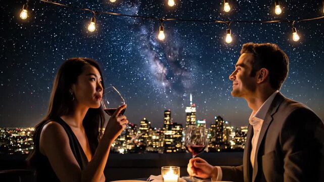 Diverse couple sharing a romantic evening on a metropolitan rooftop, enjoying wine and intimate conversation under string lights with a sparkling city skyline during twilight hours