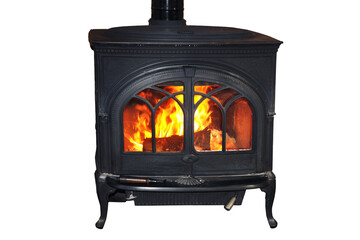 Warming fire in a rustic wood burning stove isolated on white or transparent background, png cut out