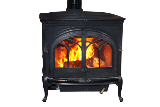 Warming fire in a rustic wood burning stove isolated on white or transparent background, png cut out