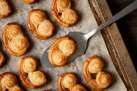 Freshly baked puff pastry palmiers.