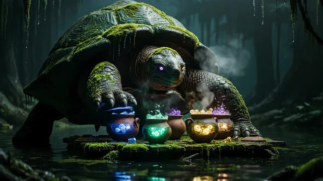 Ancient giant tortoise watches over many pots filled with colorful glowing jewels and magical mystical crystals, sitting on a moss-covered platform in a dark fantasy swamp