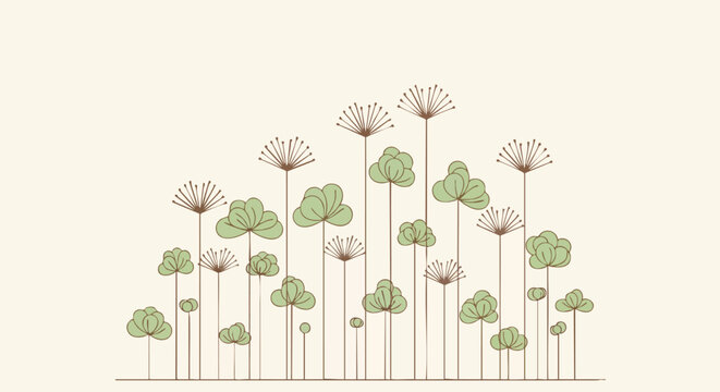 Minimalist illustration of stylized green clover and dandelion-like seed heads on a light cream background