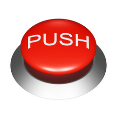 PUSHの文字が書かれた丸いボタンの3DCGイラスト。赤いスイッチの透過素材