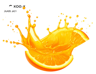Juicy orange slice with a splash of liquid against a black background