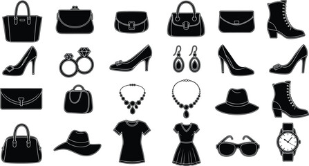 Fashion accessories silhouette set, women handbag shoes jewelry dress hat watch sunglasses vector icons, elegant modern style illustration collection isolated design
