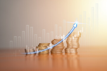 Coins are placed. Business model. Business success concept, wealth investing in stocks. Business is growing by leaps and bounds.	