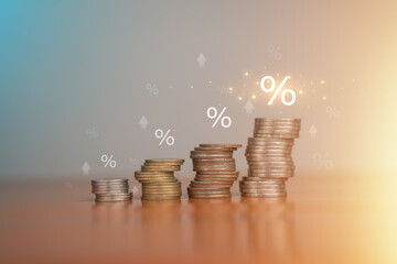 Coins are placed. Business model. Business success concept, wealth investing in stocks. Business is growing by leaps and bounds.	