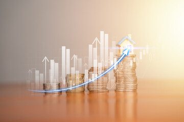 Coins are placed. Business model. Business success concept, wealth investing in stocks. Business is growing by leaps and bounds.	