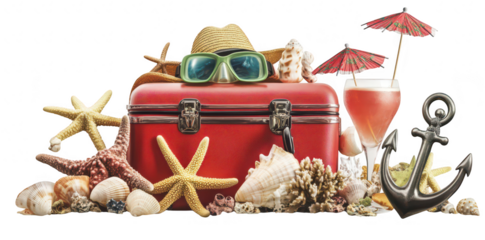 A summer beach scene featuring a red suitcase surrounded by seashells. starfish. sunglasses. a sun hat. a refreshing drink with a tiny umbrella. and an anchor. evoking a sense of vacation and relaxati