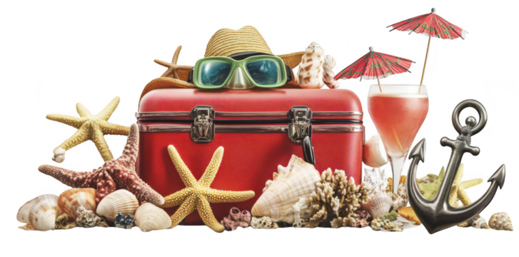 A summer beach scene featuring a red suitcase surrounded by seashells. starfish. sunglasses. a sun hat. a refreshing drink with a tiny umbrella. and an anchor. evoking a sense of vacation and relaxati - Powered by Adobe