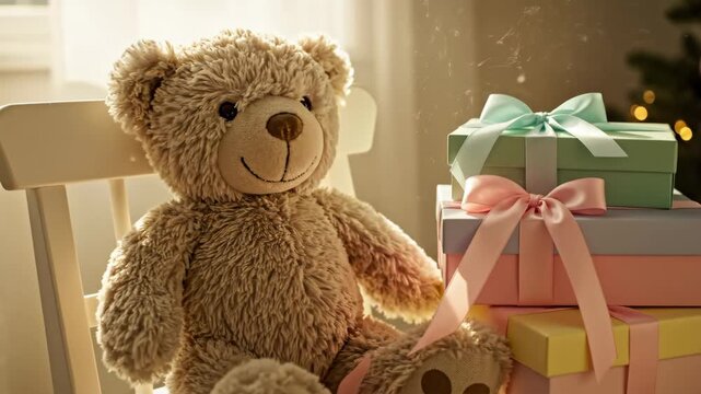 Teddy Bear with Pastel Christmas Gifts - A cute teddy bear sits on a white chair next to a stack of pastel colored gift boxes tied with satin ribbons.