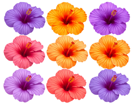 Nine colorful hibiscus flowers arranged in a grid