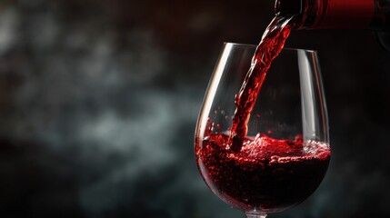 A hand holds a bottle as red wine flows smoothly into a clear glass