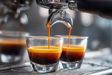 Freshly brewed espresso pouring from a professional espresso machine into two glass cups showcasing rich crema and vibrant coffee layers in a modern cafe setting
