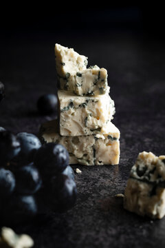 close up of blue cheese chunks stacked