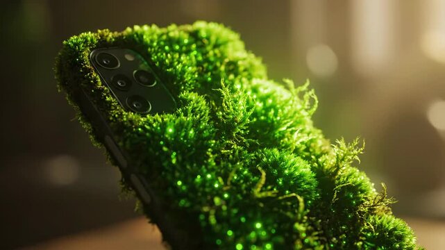Smartphone transforming into a natural, eco-friendly device with living moss and glowing green bio-luminescent particles, symbolizing sustainable technology and the future of electronics