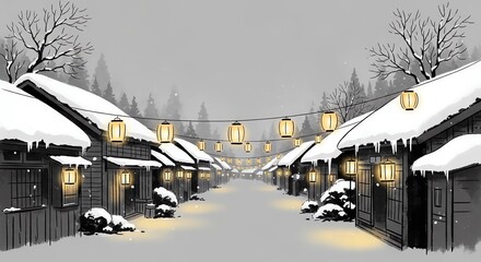 Festively decorated village street with lanterns and snow for the holiday, creating a cozy atmosphere, copy space included
