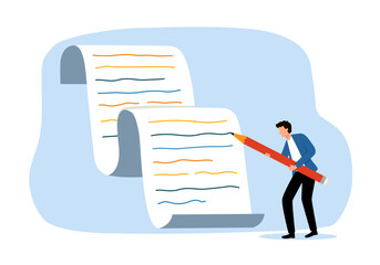 Male author writing article or content on paper in flat design. Writing, creating, blogging concept