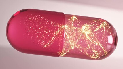 Red Capsule with Glowing Particles - Close-up of a red, transparent capsule filled with shimmering, golden particles that resemble a glowing strand of DNA. - Powered by Adobe
