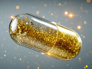 Transparent capsule filled with shimmering gold glitter particles floating against a glowing bokeh background symbolizing luxury and radiant energy