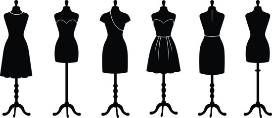 Fashion dress mannequin silhouettes vector illustration, tailor dummy forms collection for sewing design, vintage clothing display, boutique decoration, and fashion designer studio art