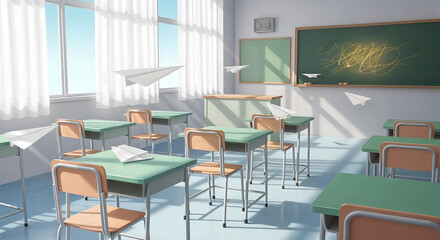 Empty classroom with paper airplanes flying around, bright sunlight streaming through windows