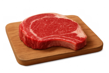 Uncooked ribeye steak on a wooden cutting board, showing marbling and rich red color, transparent background