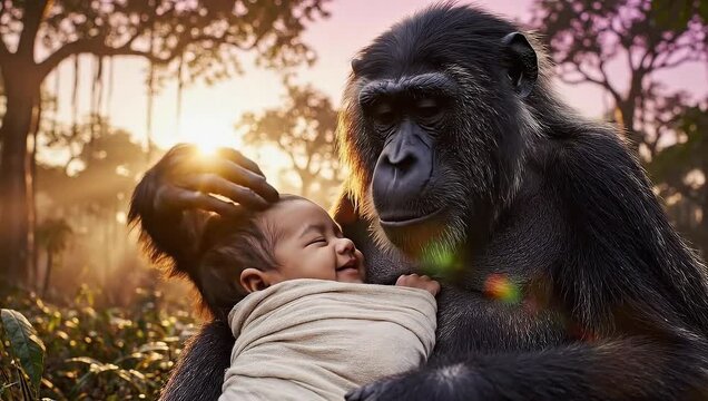 monkey day gorilla embracing human baby in jungle sunset