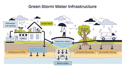 Green storm water infrastructure shows rainwater harvesting, green roof, and permeable paving to manage runoff and improve urban water quality. Doodle style diagram