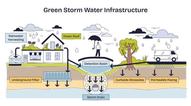 Green storm water infrastructure shows rainwater harvesting, green roof, and permeable paving to manage runoff and improve urban water quality. Doodle style diagram