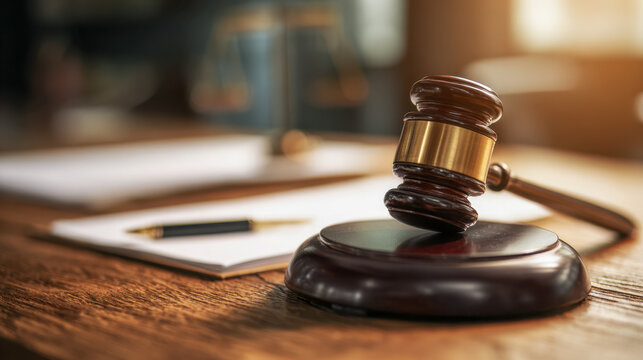 A wooden judge?s gavel resting on a sound block with a blurred legal document and pen in the background symbolizing law and justice concepts in a courtroom setting - Powered by Adobe